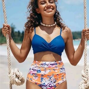 Floral High-Waisted Bikini Set - Blue and Orange Cupshe M
